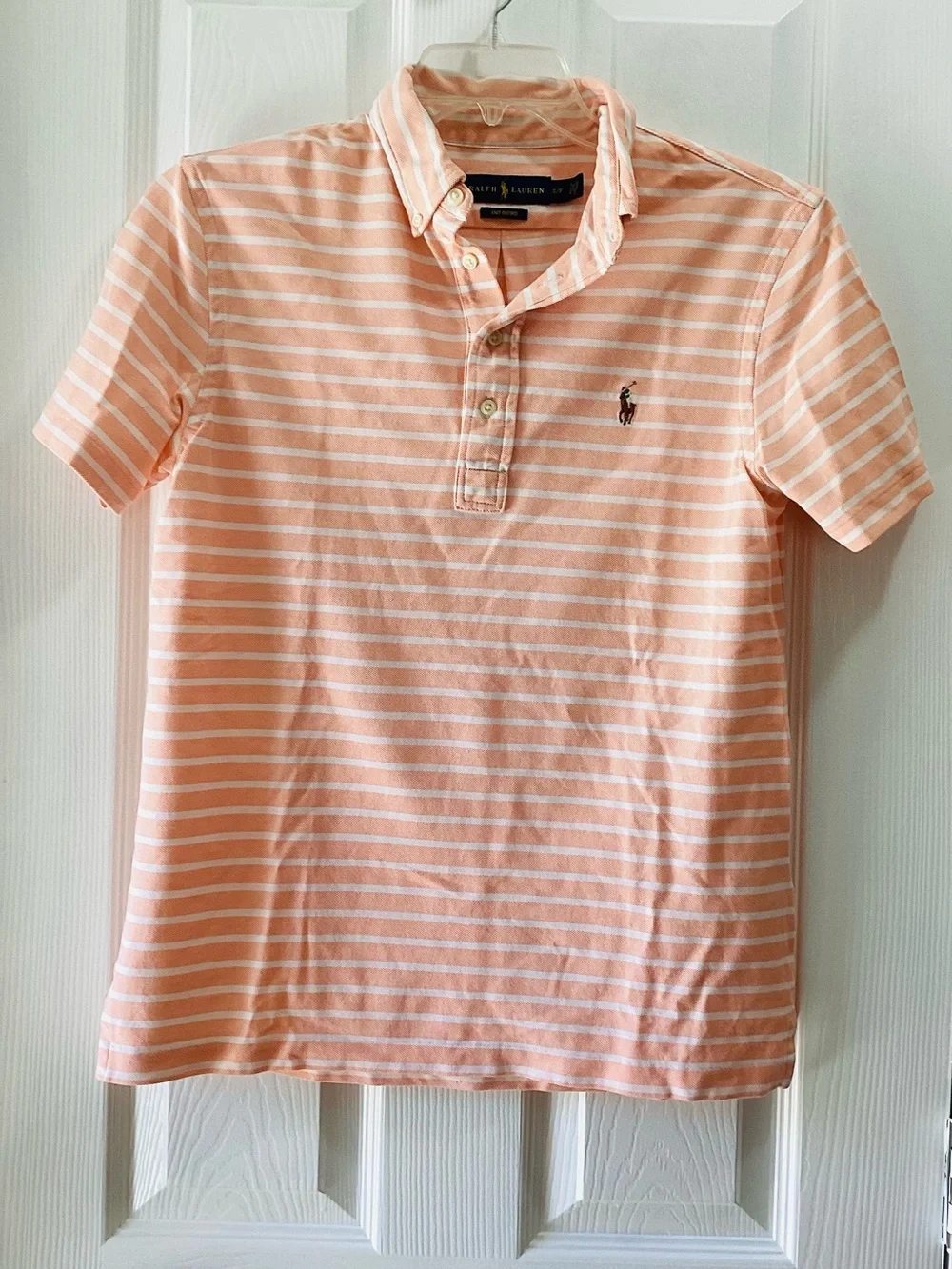 Ralph Lauren Peach and White Striped Short-Sleeve Polo